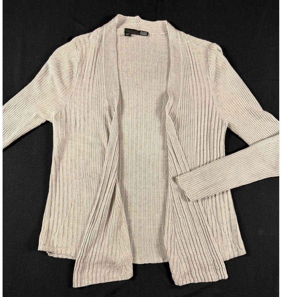 Eileen Fisher Womens XS Ribbed 100% Linen Open Front Cardigan Grey Italian Yarn